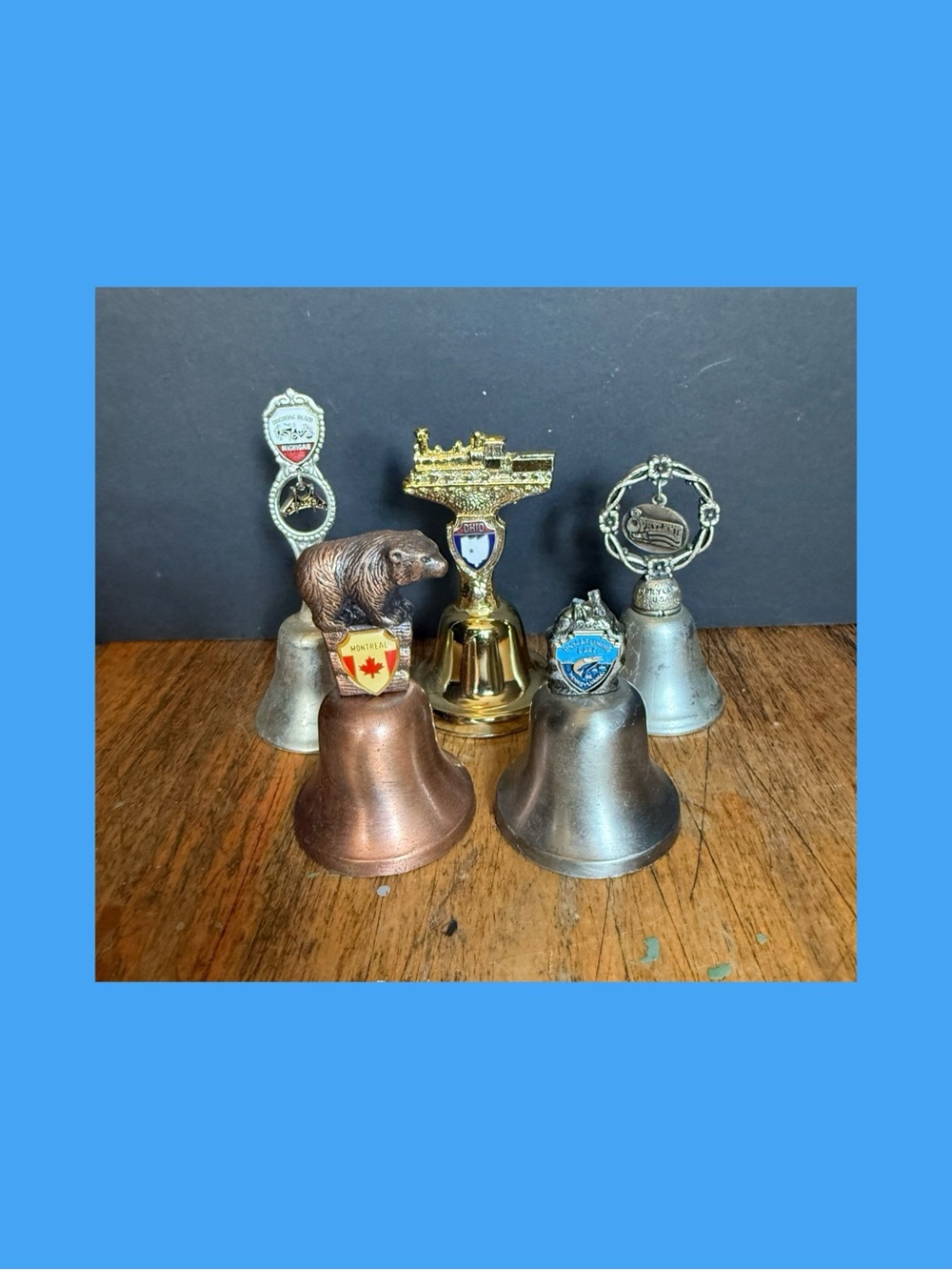 5 Vintage Metal Souvenir Bells Ohio, Montreal, Pa, Opryland, Michigan